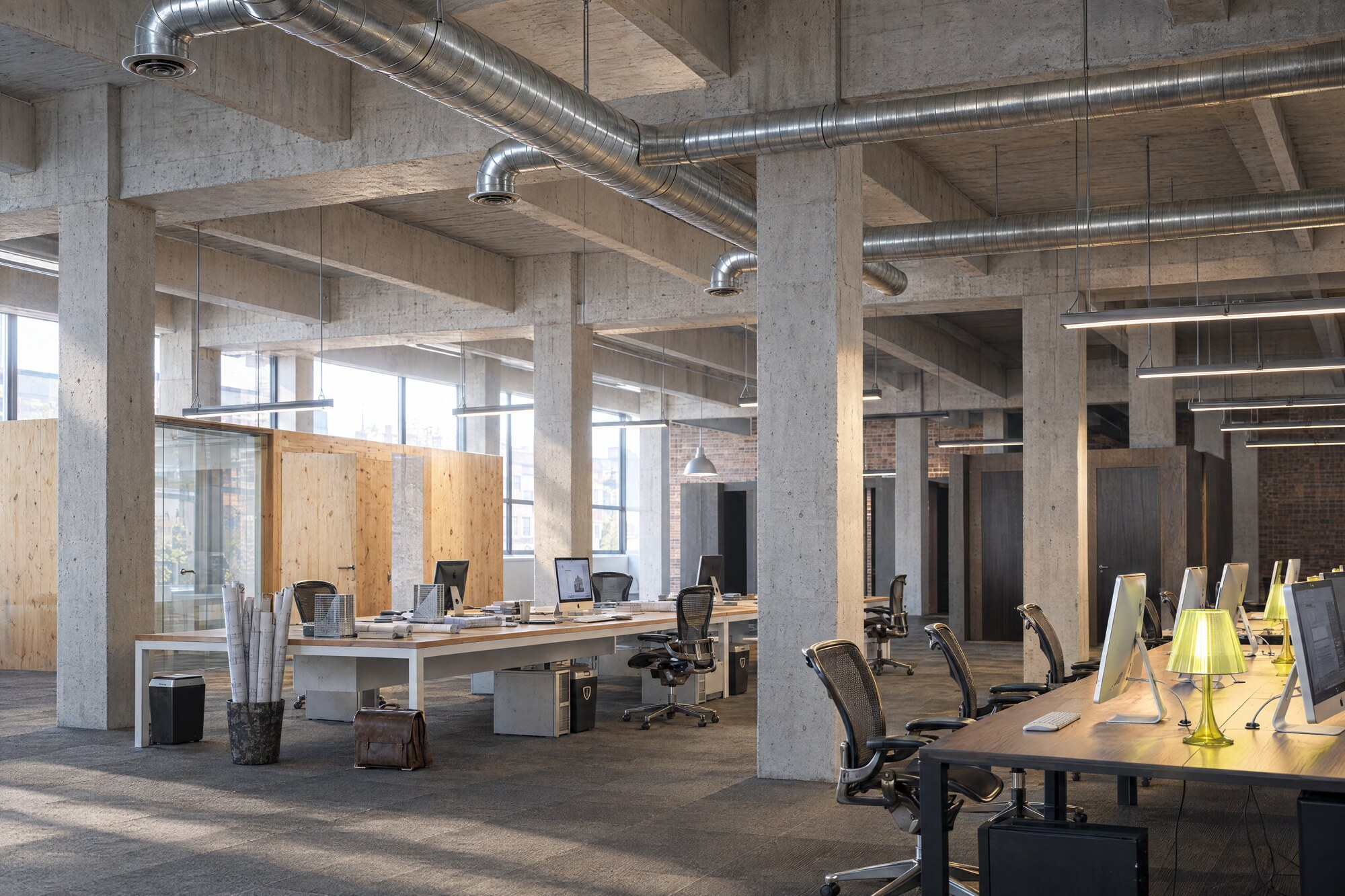 Perspective 3D d'un plateau de bureaux en béton et bois