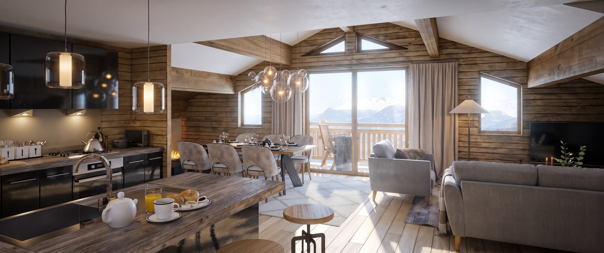 Perspective 3D de la pièce de vie d'un appartement de chalet : cuisine ouverte, coin repas et salon