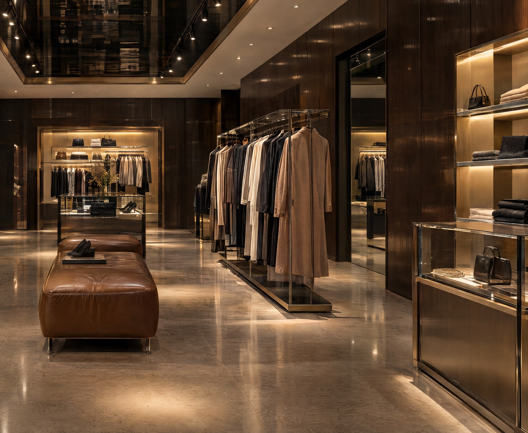 Vue rapprochée : banquette cuir, vitrine laiton et sol marbre poli