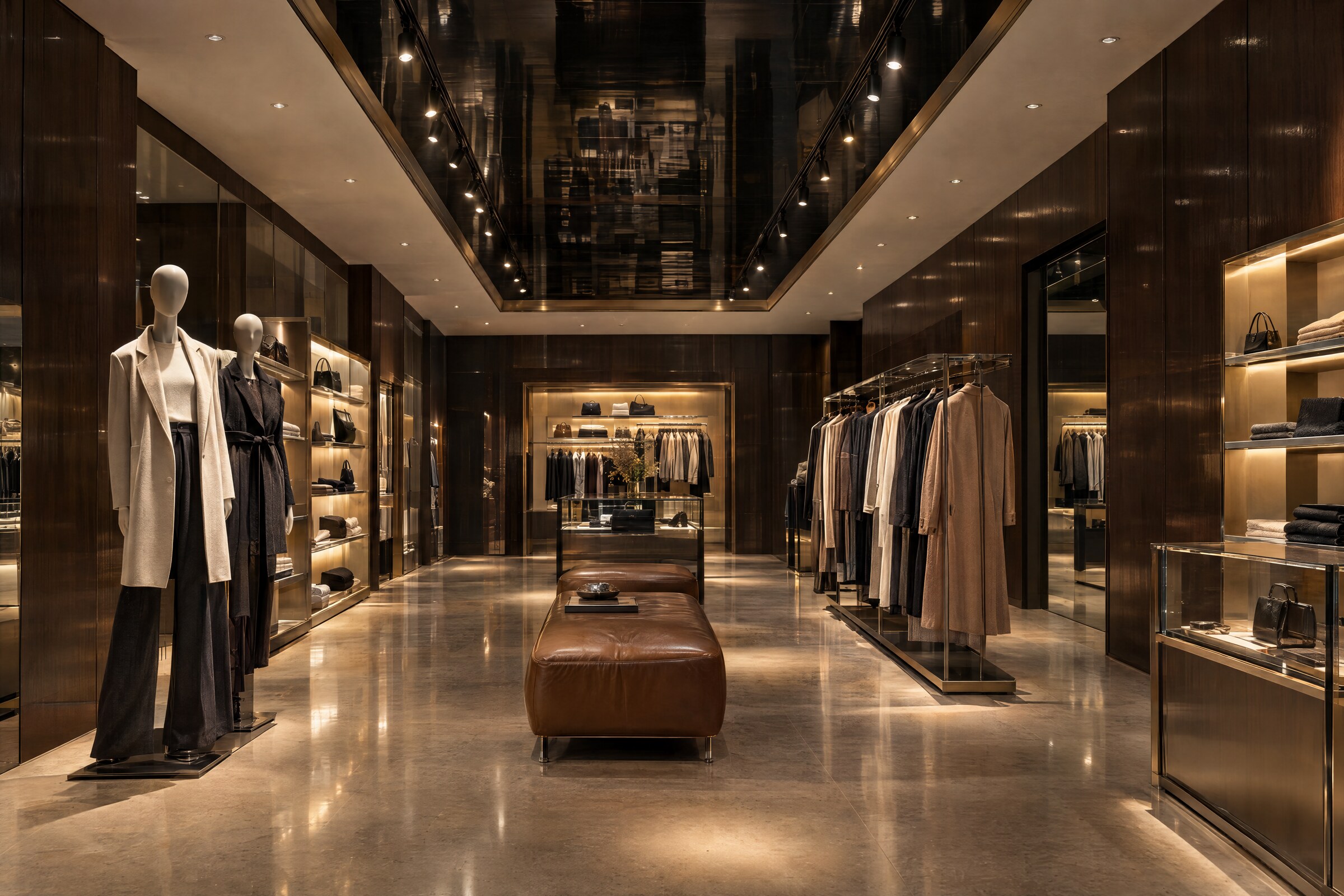 Perspective 3D d'une boutique haut de gamme — agencement bois, laiton et marbre, réalisée par CADSIGN