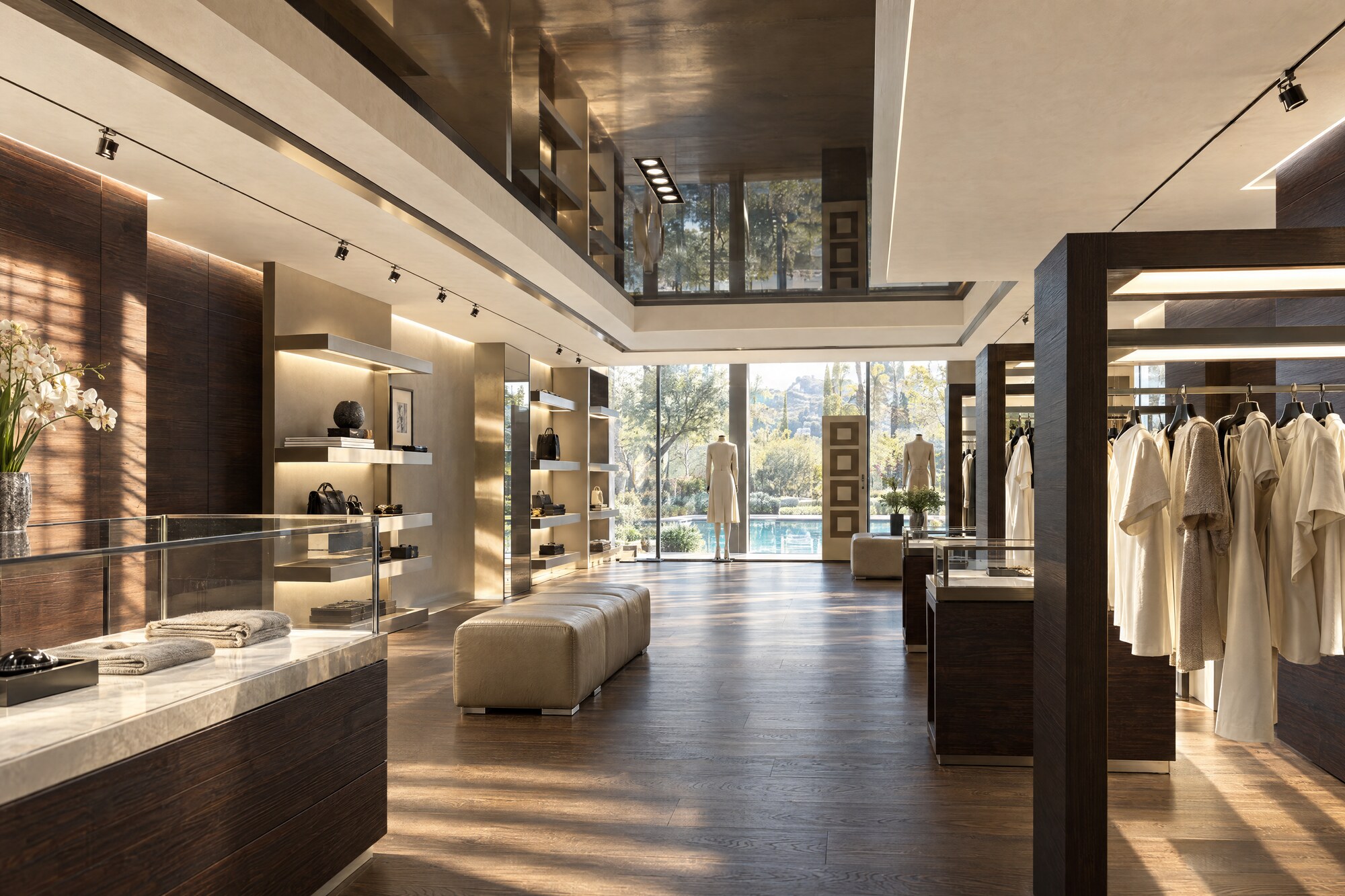 Perspective 3D d'un concept store, agencement bois et marbre