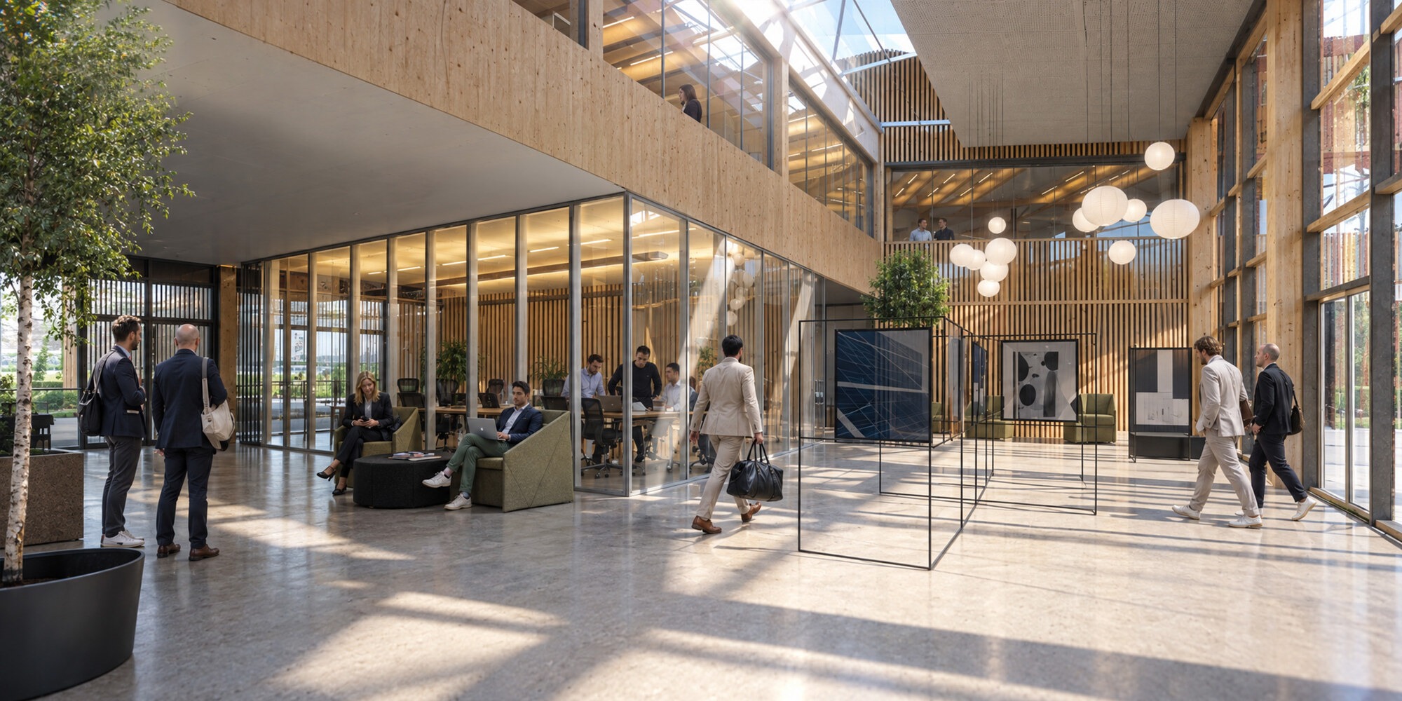 Perspective 3D du hall d'accueil d'un immeuble de bureaux en bois lamellé