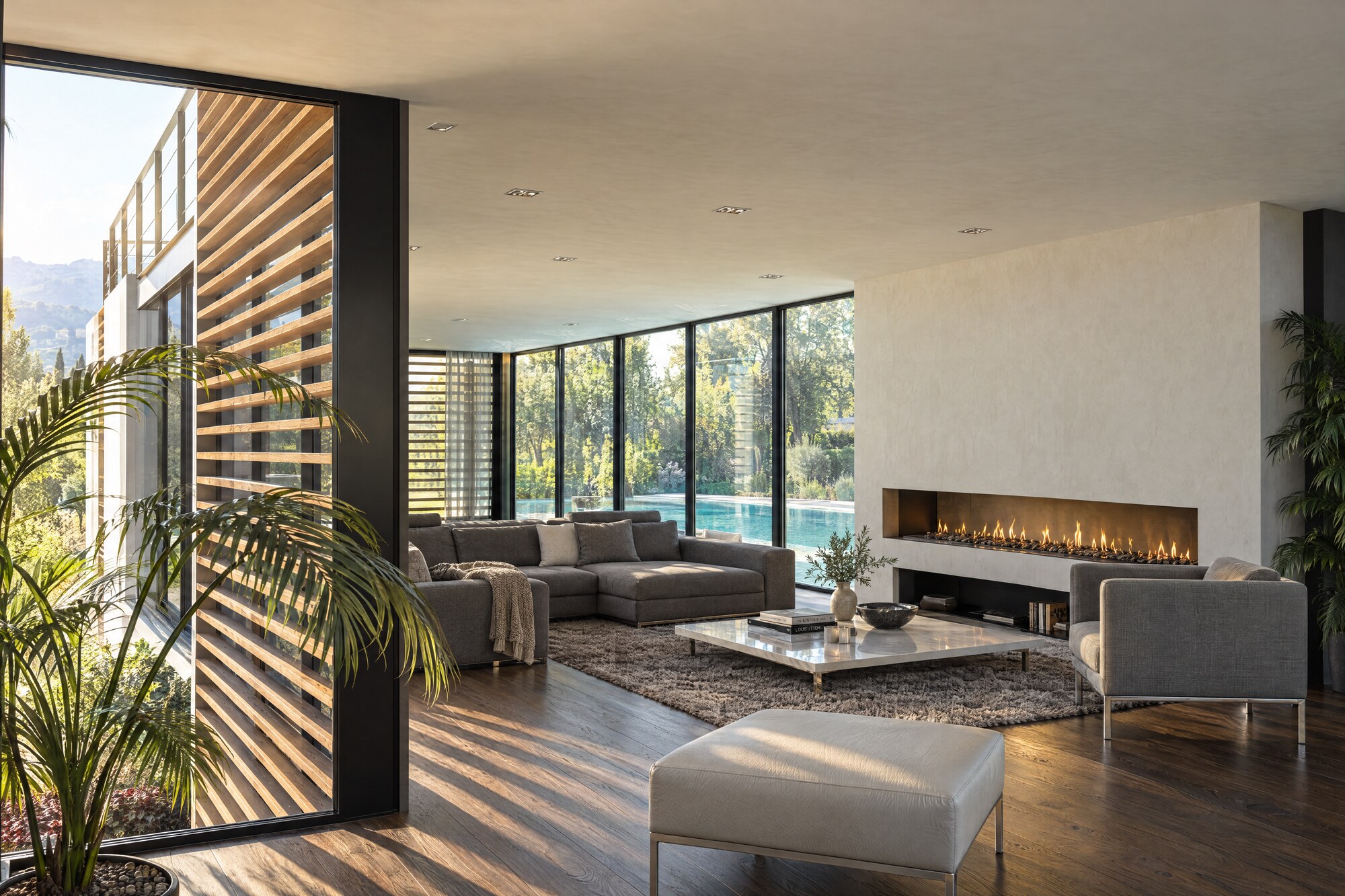 Perspective 3D d'un séjour de villa contemporaine avec cheminée linéaire